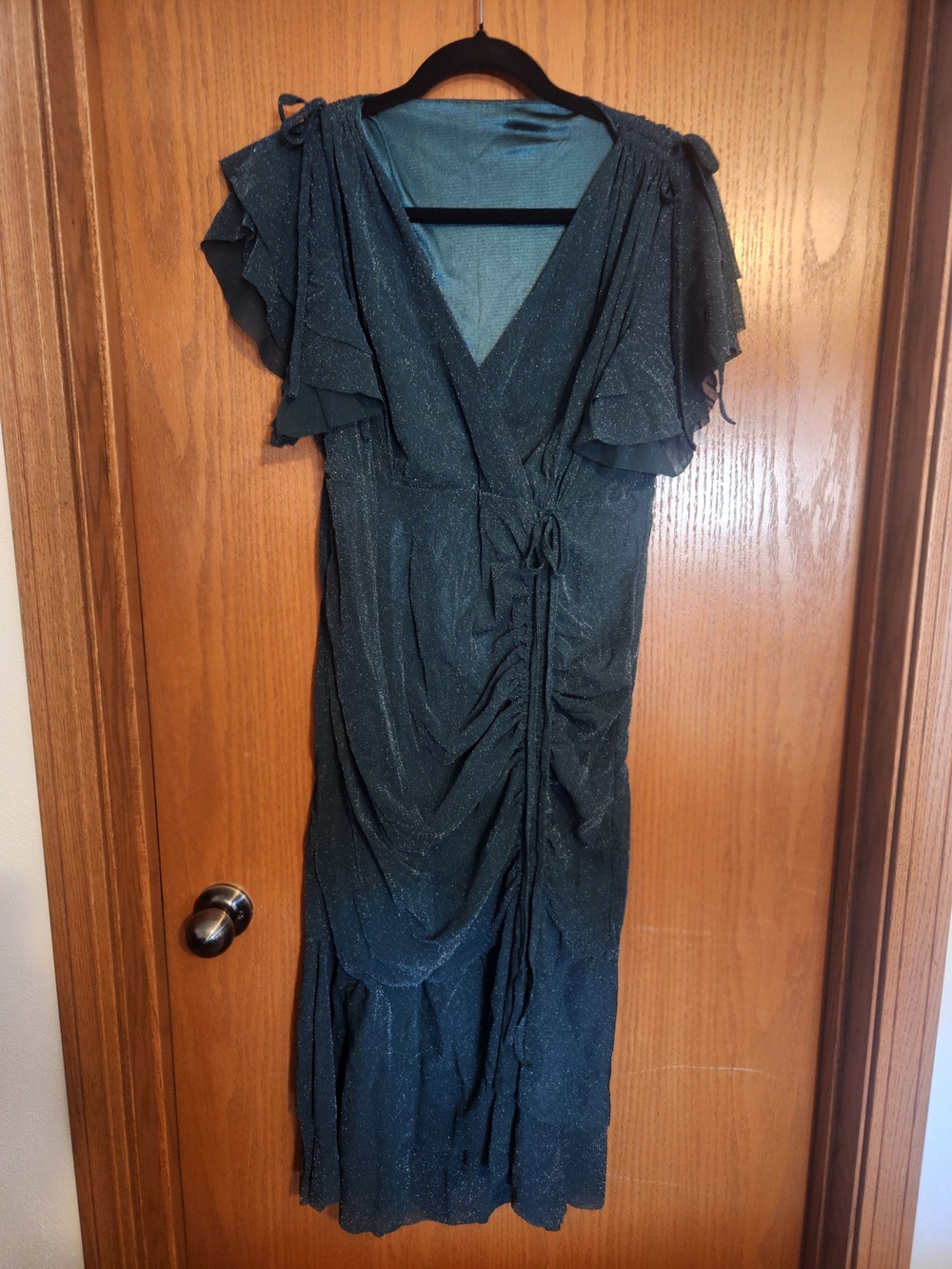 Shimmery Green Maxi Wrap Dress with Flutter Sleeves